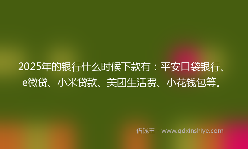 2025年的银行什么时候下款有：平安口袋银行、e微贷、小米贷款、美团生活费、小花钱包等。