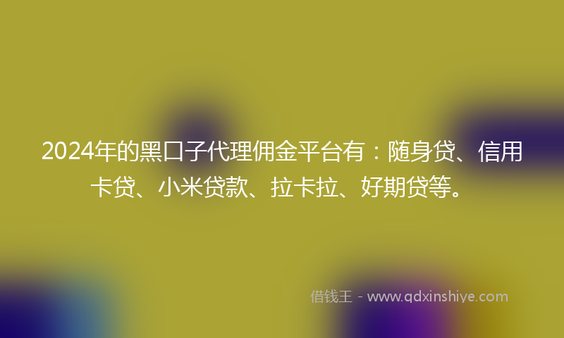 2024年的黑口子代理佣金平台有：随身贷、信用卡贷、小米贷款、拉卡拉、好期贷等。