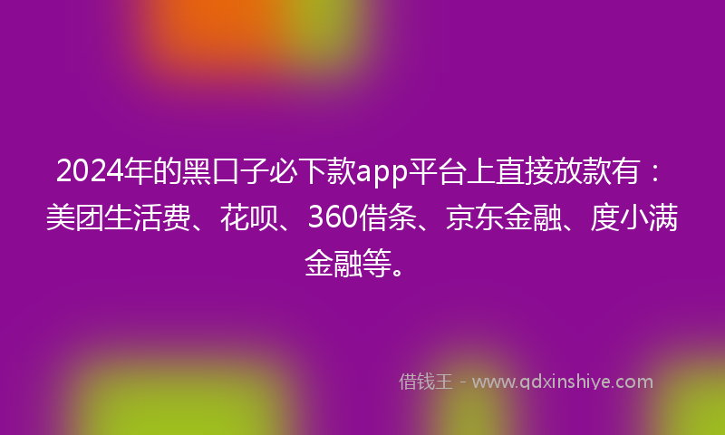2024年的黑口子必下款app平台上直接放款有：美团生活费、花呗、360借条、京东金融、度小满金融等。