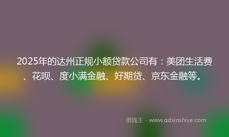 2025年的达州正规小额贷款公司有：美团生活费、花呗、度小满金融、好期贷、京东金融等。