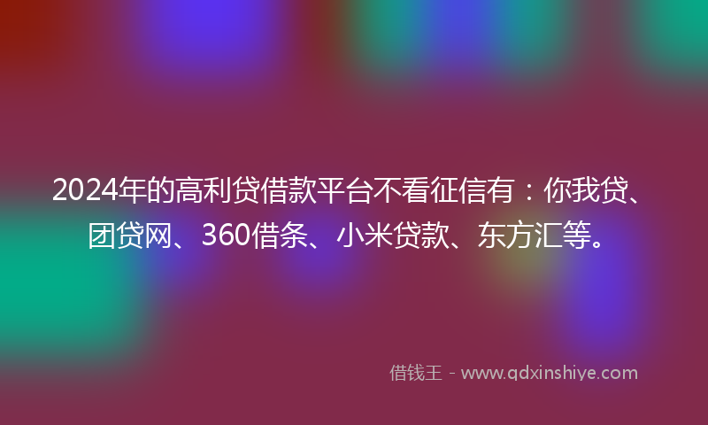 2024年的高利贷借款平台不看征信有：你我贷、团贷网、360借条、小米贷款、东方汇等。