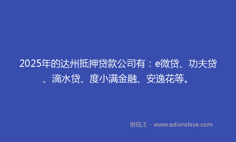 2025年的达州抵押贷款公司有：e微贷、功夫贷、滴水贷、度小满金融、安逸花等。