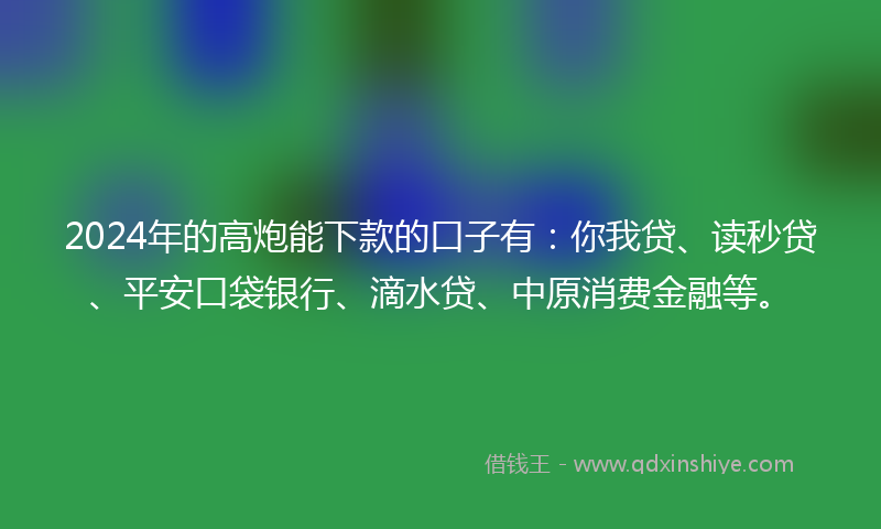 2024年的高炮能下款的口子有：你我贷、读秒贷、平安口袋银行、滴水贷、中原消费金融等。