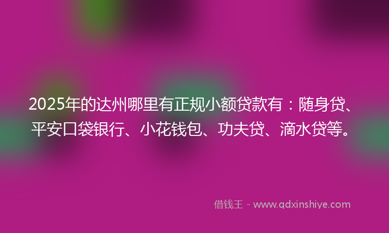 2025年的达州哪里有正规小额贷款有：随身贷、平安口袋银行、小花钱包、功夫贷、滴水贷等。