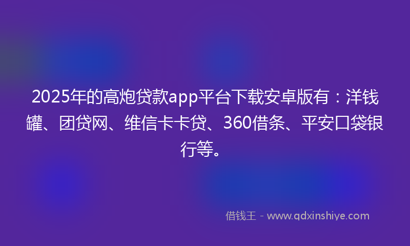 2025年的高炮贷款app平台下载安卓版有：洋钱罐、团贷网、维信卡卡贷、360借条、平安口袋银行等。