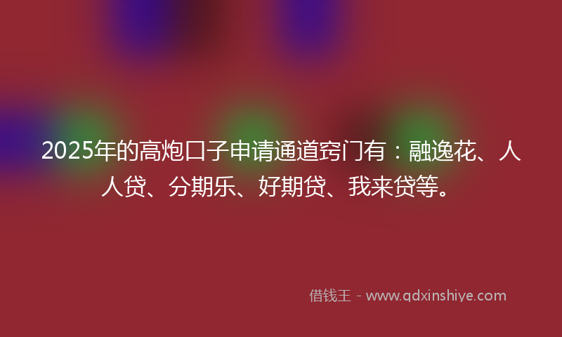 2025年的高炮口子申请通道窍门有：融逸花、人人贷、分期乐、好期贷、我来贷等。
