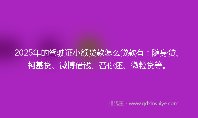 2025年的驾驶证小额贷款怎么贷款有：随身贷、柯基贷、微博借钱、替你还、微粒贷等。