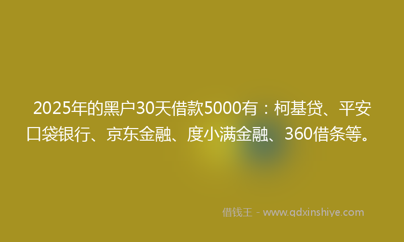 2025年的黑户30天借款5000有：柯基贷、平安口袋银行、京东金融、度小满金融、360借条等。