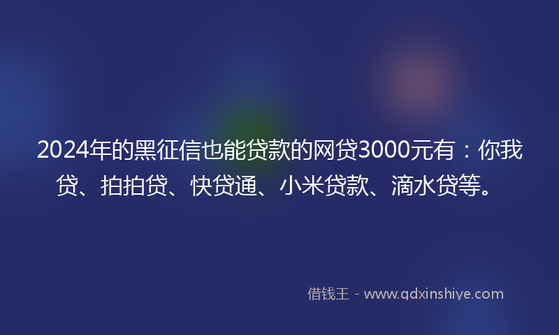 2024年的黑征信也能贷款的网贷3000元有：你我贷、拍拍贷、快贷通、小米贷款、滴水贷等。