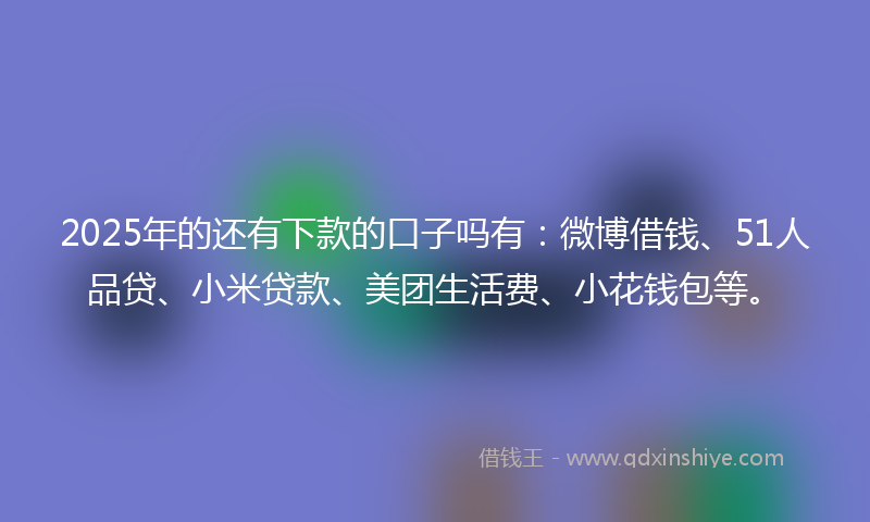2025年的还有下款的口子吗有：微博借钱、51人品贷、小米贷款、美团生活费、小花钱包等。