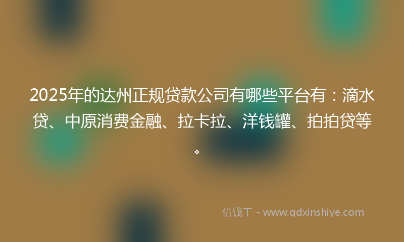 2025年的达州正规贷款公司有哪些平台有：滴水贷、中原消费金融、拉卡拉、洋钱罐、拍拍贷等。