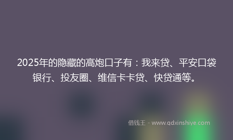 2025年的隐藏的高炮口子有：我来贷、平安口袋银行、投友圈、维信卡卡贷、快贷通等。