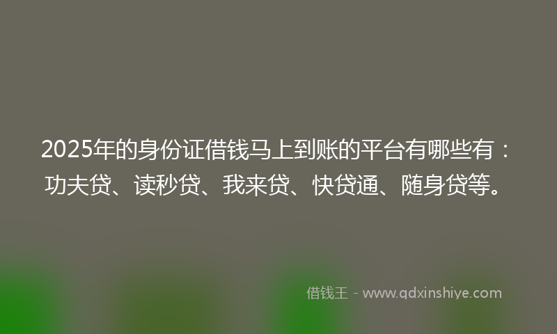 2025年的身份证借钱马上到账的平台有哪些有：功夫贷、读秒贷、我来贷、快贷通、随身贷等。
