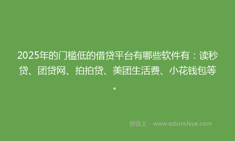 2025年的门槛低的借贷平台有哪些软件有：读秒贷、团贷网、拍拍贷、美团生活费、小花钱包等。