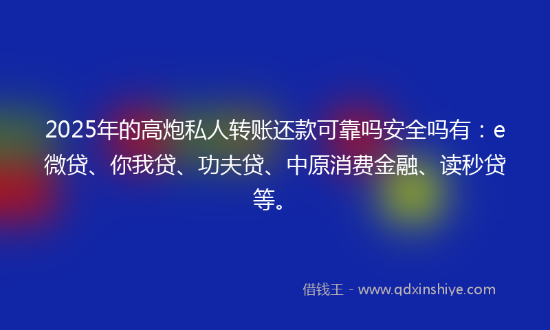 2025年的高炮私人转账还款可靠吗安全吗有：e微贷、你我贷、功夫贷、中原消费金融、读秒贷等。