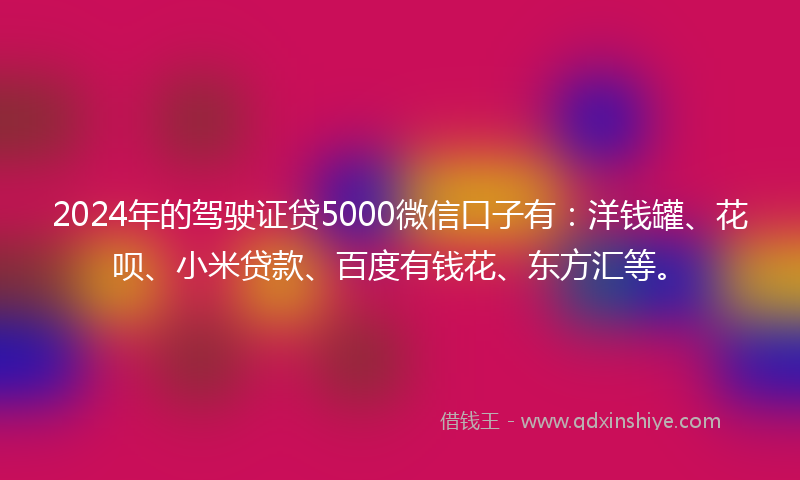 2024年的驾驶证贷5000微信口子有：洋钱罐、花呗、小米贷款、百度有钱花、东方汇等。