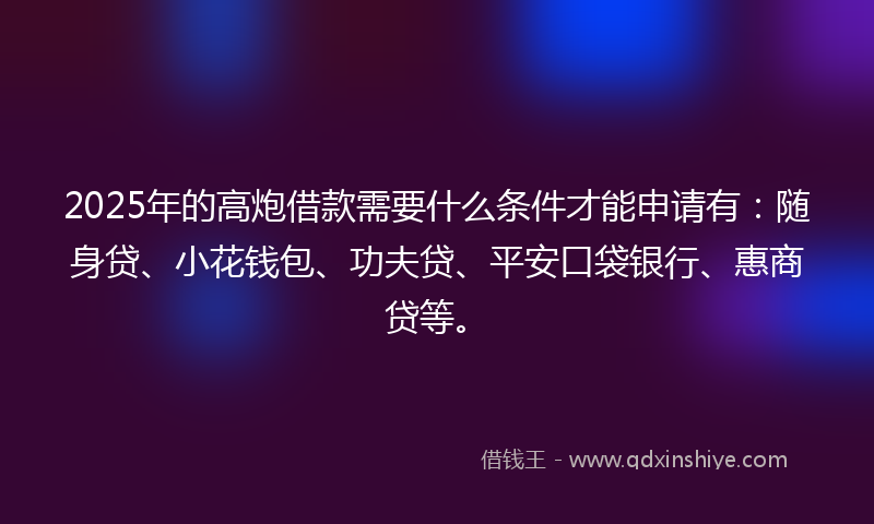 2025年的高炮借款需要什么条件才能申请有：随身贷、小花钱包、功夫贷、平安口袋银行、惠商贷等。