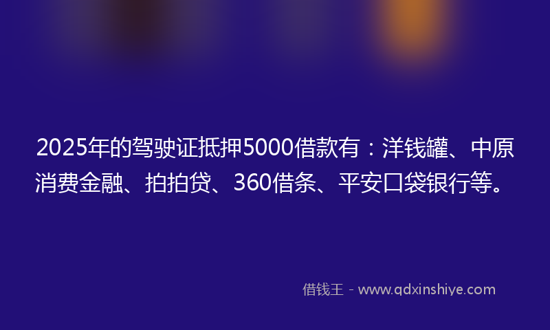2025年的驾驶证抵押5000借款有：洋钱罐、中原消费金融、拍拍贷、360借条、平安口袋银行等。
