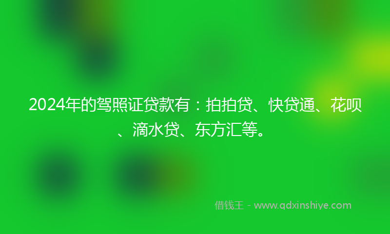 2024年的驾照证贷款有：拍拍贷、快贷通、花呗、滴水贷、东方汇等。