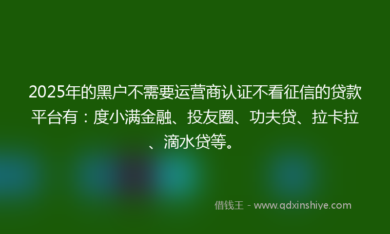 2025年的黑户不需要运营商认证不看征信的贷款平台有：度小满金融、投友圈、功夫贷、拉卡拉、滴水贷等。