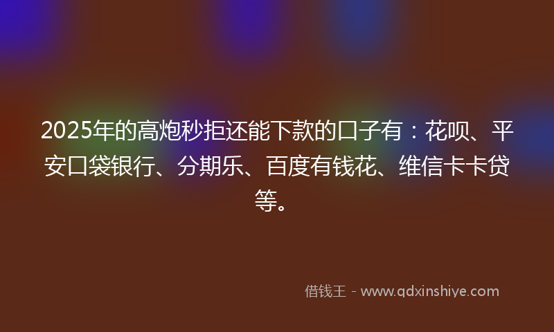 2025年的高炮秒拒还能下款的口子有：花呗、平安口袋银行、分期乐、百度有钱花、维信卡卡贷等。