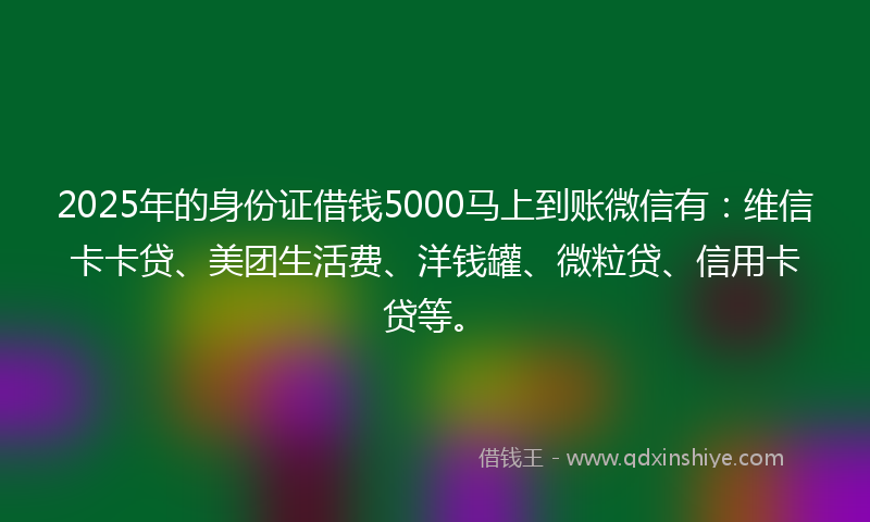 2025年的身份证借钱5000马上到账微信有：维信卡卡贷、美团生活费、洋钱罐、微粒贷、信用卡贷等。