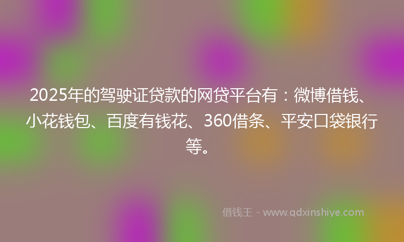 2025年的驾驶证贷款的网贷平台有：微博借钱、小花钱包、百度有钱花、360借条、平安口袋银行等。