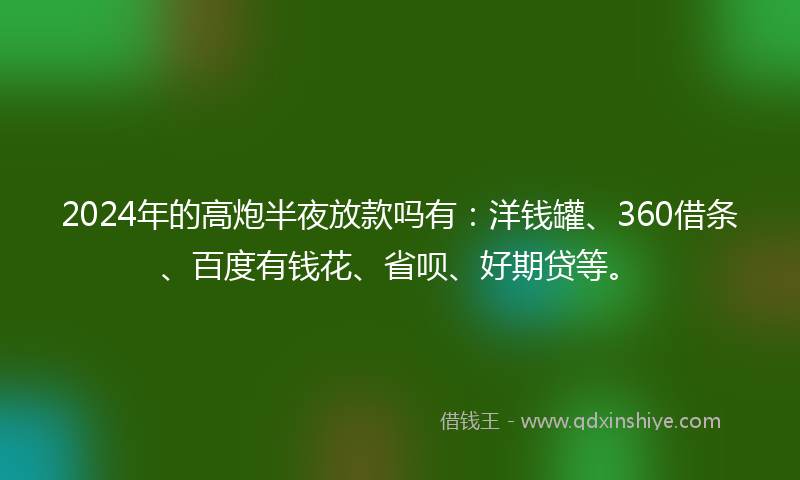 2024年的高炮半夜放款吗有：洋钱罐、360借条、百度有钱花、省呗、好期贷等。