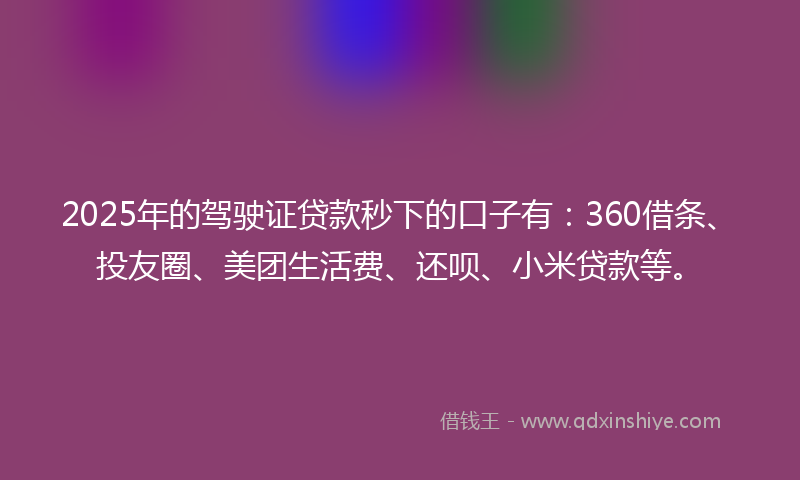 2025年的驾驶证贷款秒下的口子有：360借条、投友圈、美团生活费、还呗、小米贷款等。