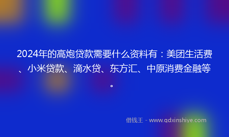 2024年的高炮贷款需要什么资料有：美团生活费、小米贷款、滴水贷、东方汇、中原消费金融等。