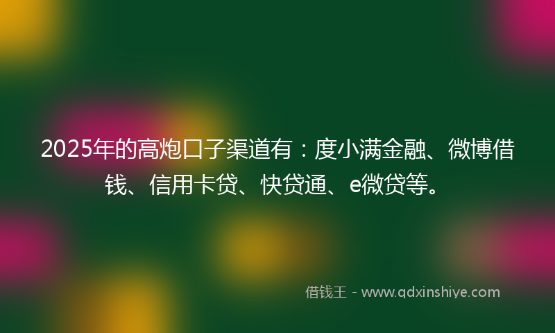 2025年的高炮口子渠道有：度小满金融、微博借钱、信用卡贷、快贷通、e微贷等。
