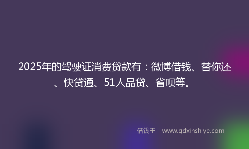2025年的驾驶证消费贷款有：微博借钱、替你还、快贷通、51人品贷、省呗等。