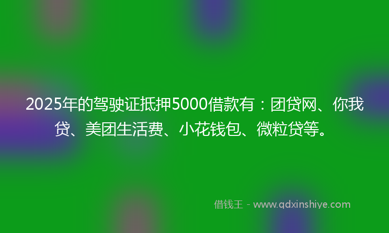 2025年的驾驶证抵押5000借款有：团贷网、你我贷、美团生活费、小花钱包、微粒贷等。