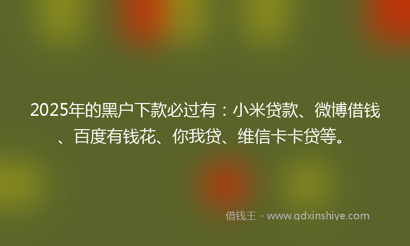 2025年的黑户下款必过有：小米贷款、微博借钱、百度有钱花、你我贷、维信卡卡贷等。