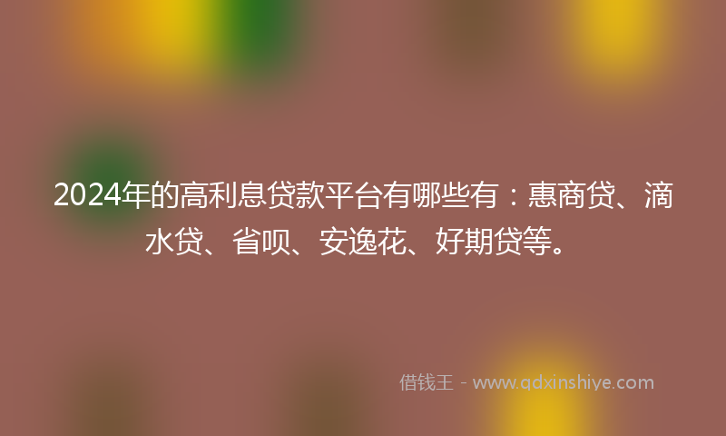 2024年的高利息贷款平台有哪些有：惠商贷、滴水贷、省呗、安逸花、好期贷等。
