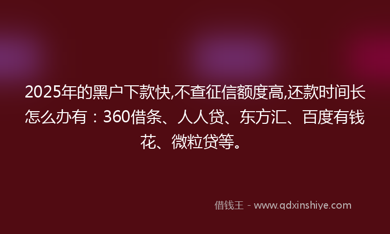 2025年的黑户下款快,不查征信额度高,还款时间长怎么办有：360借条、人人贷、东方汇、百度有钱花、微粒贷等。
