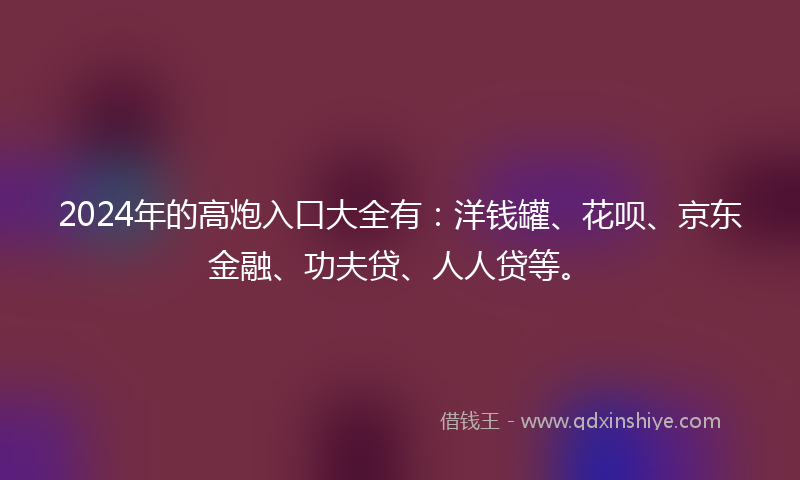 2024年的高炮入口大全有：洋钱罐、花呗、京东金融、功夫贷、人人贷等。