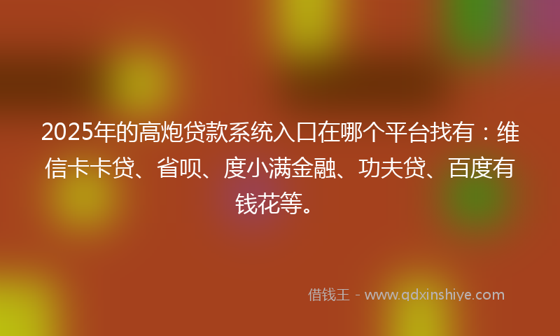2025年的高炮贷款系统入口在哪个平台找有：维信卡卡贷、省呗、度小满金融、功夫贷、百度有钱花等。