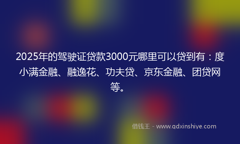 2025年的驾驶证贷款3000元哪里可以贷到有：度小满金融、融逸花、功夫贷、京东金融、团贷网等。
