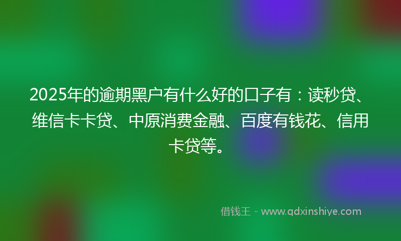 2025年的逾期黑户有什么好的口子有：读秒贷、维信卡卡贷、中原消费金融、百度有钱花、信用卡贷等。