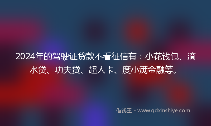 2024年的驾驶证贷款不看征信有：小花钱包、滴水贷、功夫贷、超人卡、度小满金融等。