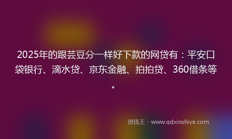 2025年的跟芸豆分一样好下款的网贷有：平安口袋银行、滴水贷、京东金融、拍拍贷、360借条等。
