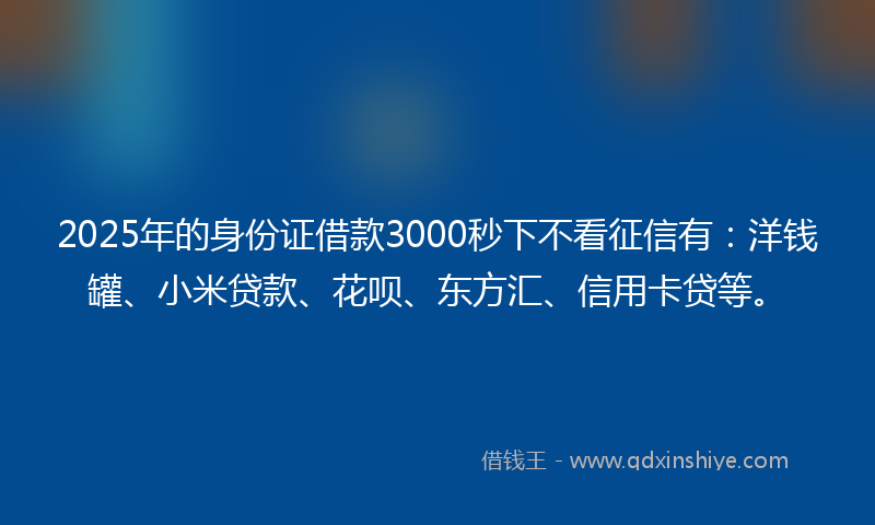 2025年的身份证借款3000秒下不看征信有：洋钱罐、小米贷款、花呗、东方汇、信用卡贷等。