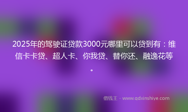 2025年的驾驶证贷款3000元哪里可以贷到有：维信卡卡贷、超人卡、你我贷、替你还、融逸花等。