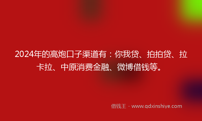 2024年的高炮口子渠道有：你我贷、拍拍贷、拉卡拉、中原消费金融、微博借钱等。