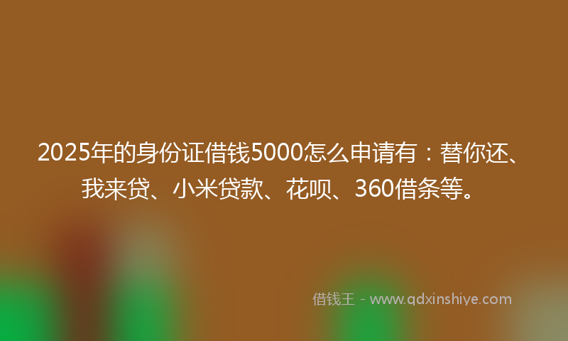 2025年的身份证借钱5000怎么申请有：替你还、我来贷、小米贷款、花呗、360借条等。