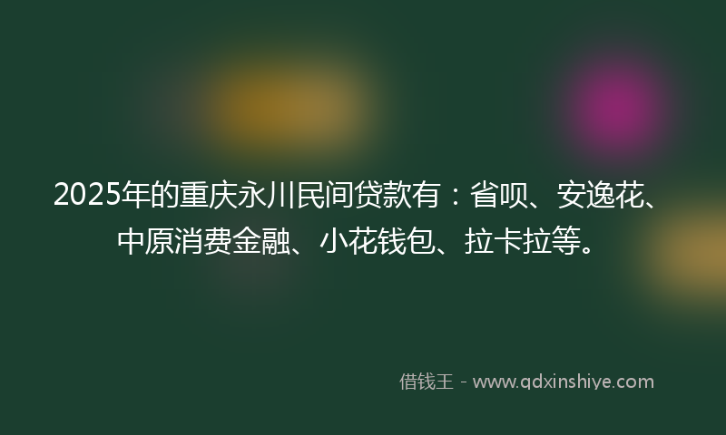 2025年的重庆永川民间贷款有：省呗、安逸花、中原消费金融、小花钱包、拉卡拉等。