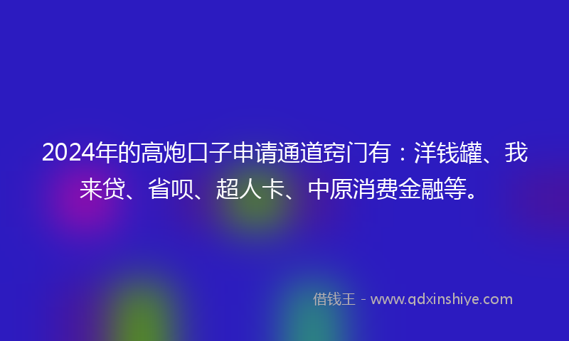 2024年的高炮口子申请通道窍门有：洋钱罐、我来贷、省呗、超人卡、中原消费金融等。