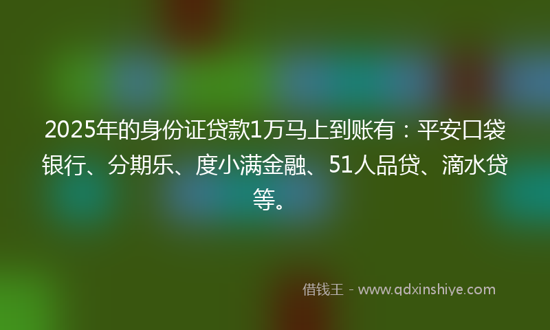 2025年的身份证贷款1万马上到账有：平安口袋银行、分期乐、度小满金融、51人品贷、滴水贷等。