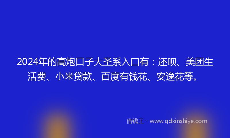 2024年的高炮口子大圣系入囗有：还呗、美团生活费、小米贷款、百度有钱花、安逸花等。